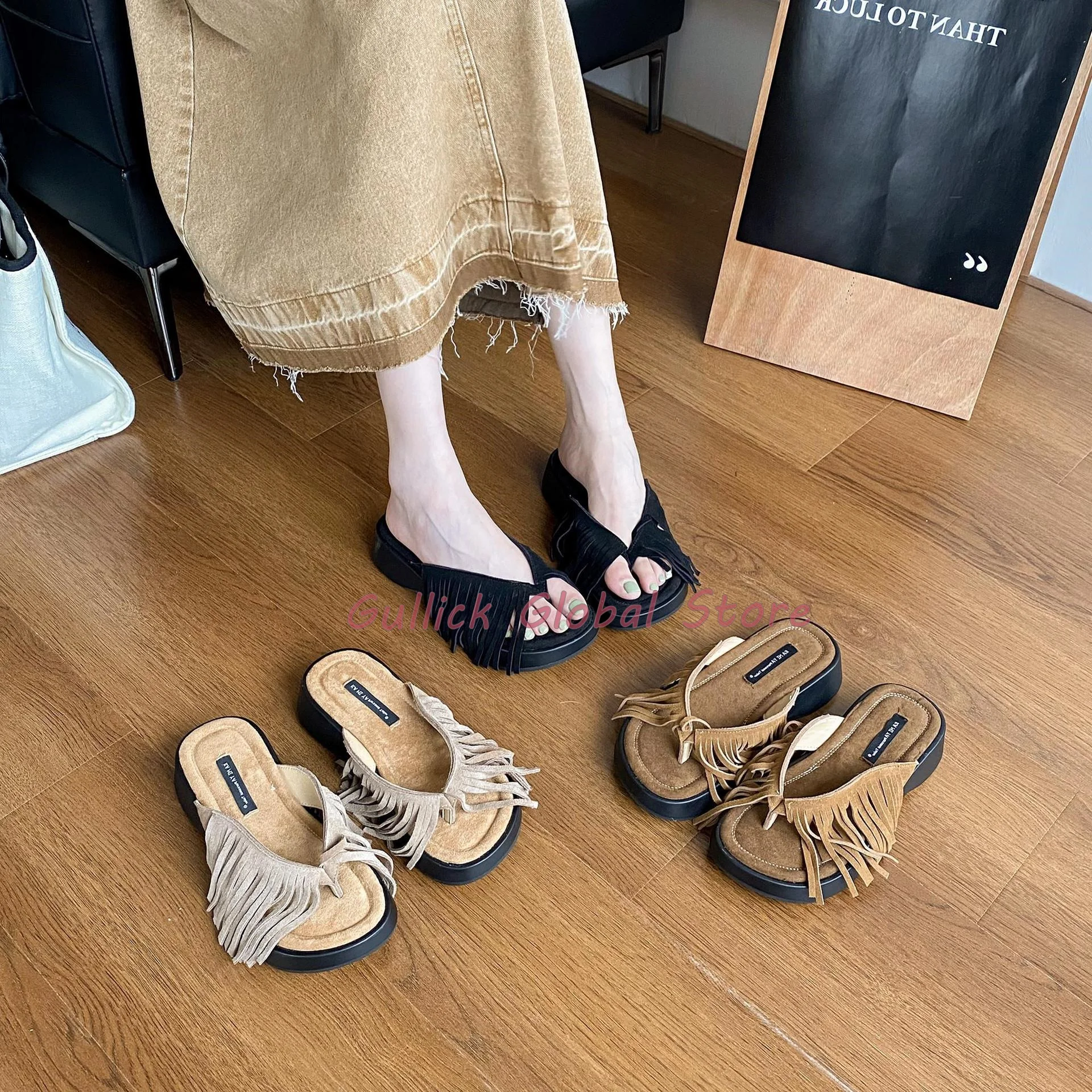 Elegant Women Slides Round Toe Shallow Flat Tassel Slippers Summer Dress Causal Outside Sand Beach Cheap Breathable Shoes Cosy