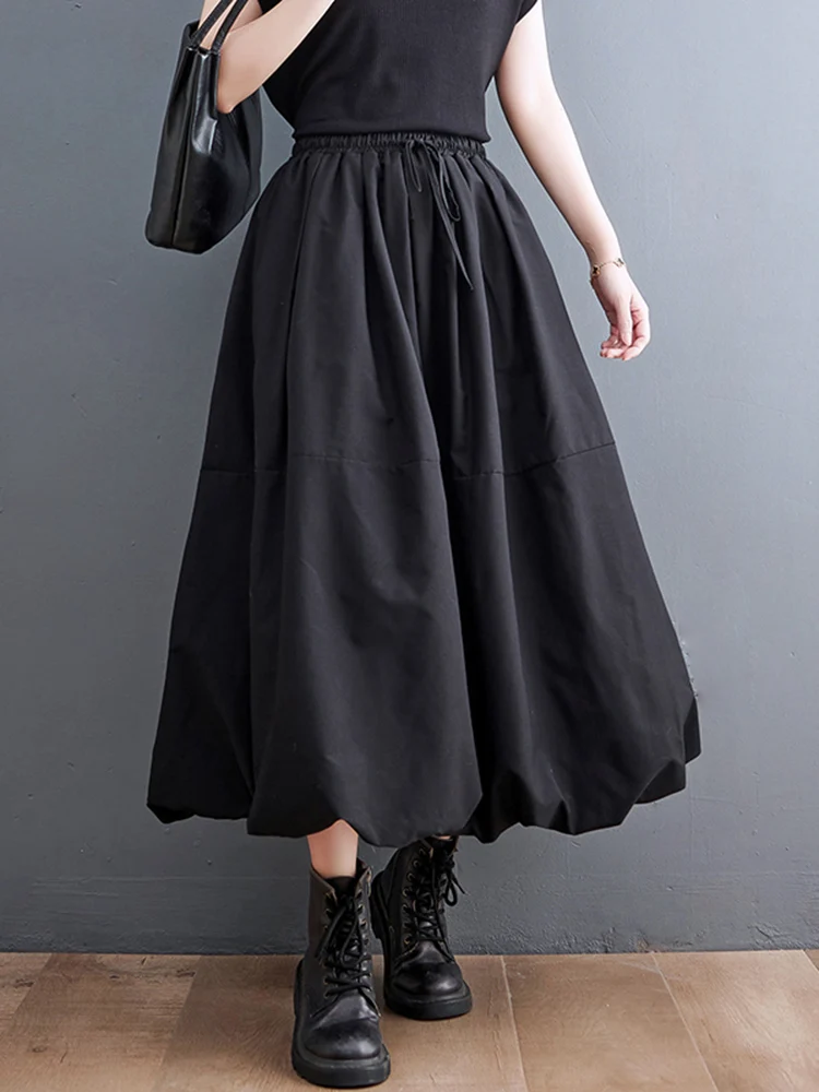 Black Vintage High Waist Pleated Skirt Women Fashion Plus Size Drawstring Loose Casual Long Skirts Clothing Spring Autumn 2025