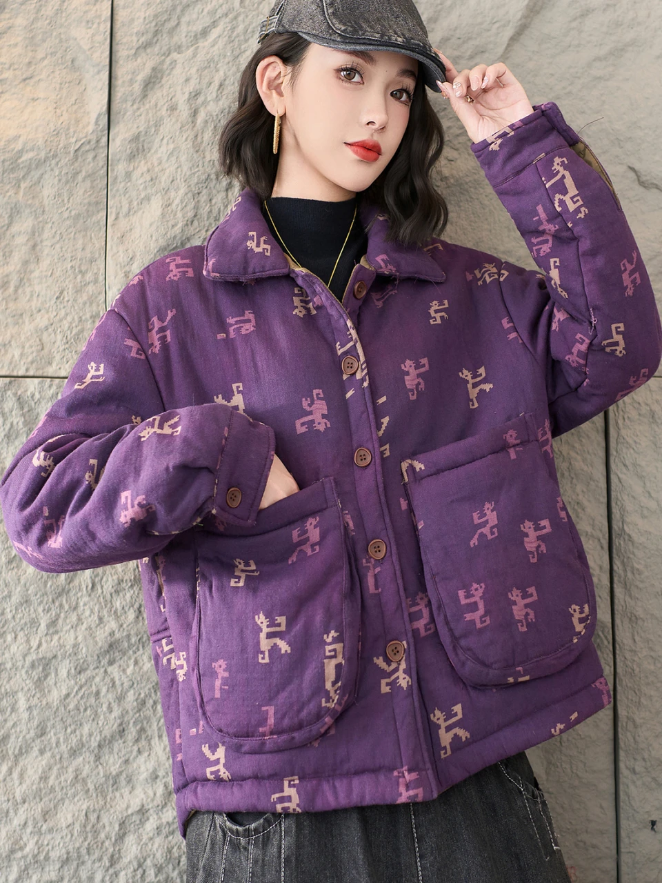 

Retro Sle Thiened Purple Print Cotton Jaet Loose Fit Warm Collar Women's Coat with Large kets Winter Outerwear
