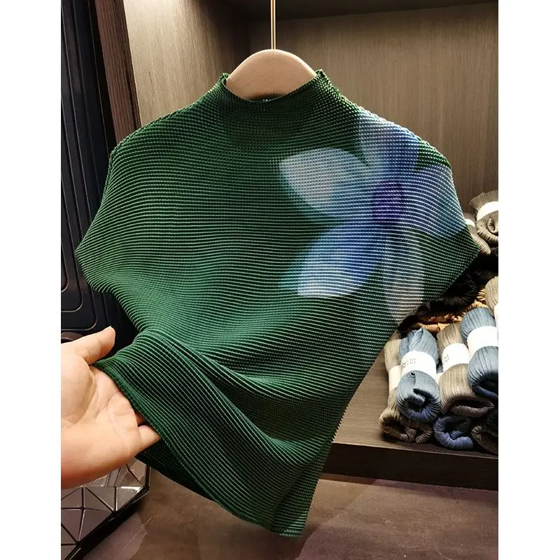 Women's Summer New Half High Neck Pullover Fashion Commute Color-blocked Pleated Flower Slim Elastic Short Sleeved T-shirts Tops