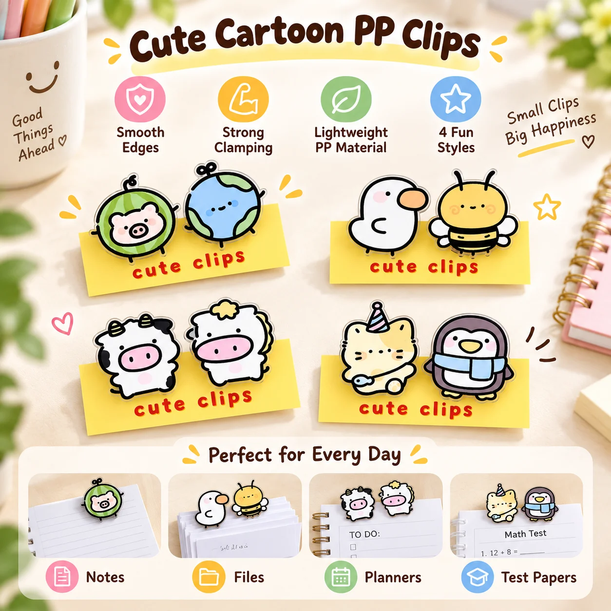 Cartoon Animal PP Clips, Cute Multifunctional Clips, Student Note and Paper Holder for Girls