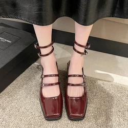 2024 Summer Design Women Sandal Fashion Narrow Band Dress Square Heel Shoes Ladies Outdoor Patent Leather Mary Jane Shoes