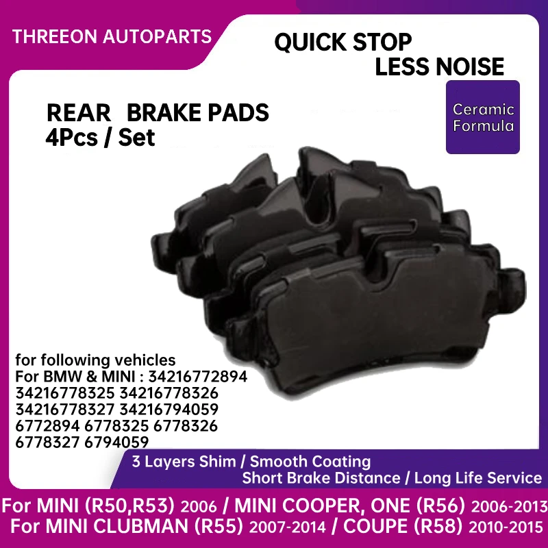 THREEON Rear Brake Pads For Mini Cooper 1.6L 2007-2016 & 2.0L 2014 2016 & 1.5L 2014-2016 34216778327 34116767143