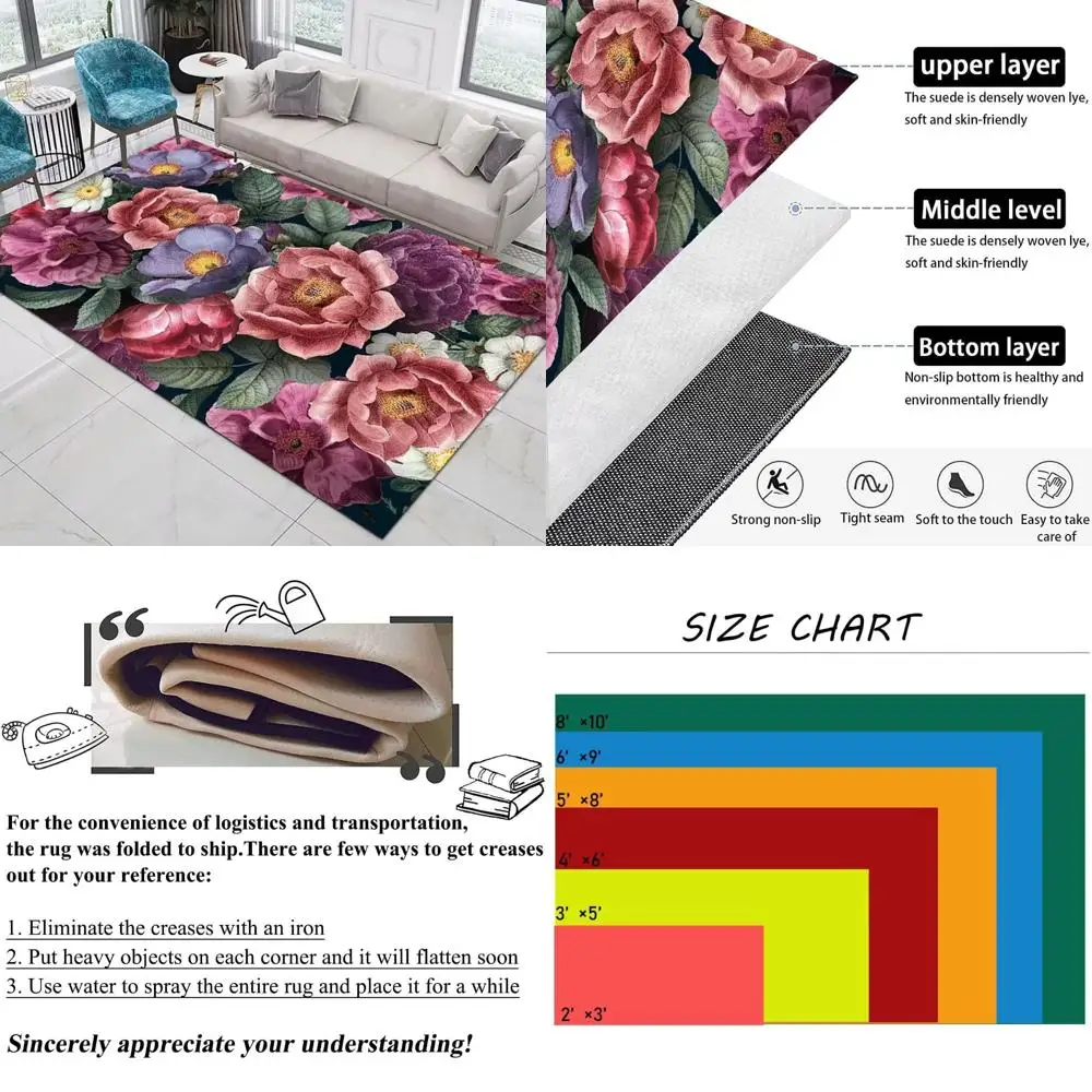 

Stylish 3D Floral Rugs for Living & Dining Rooms - Pink & Purple Modern Art Carpets with Non-Slip Backing
