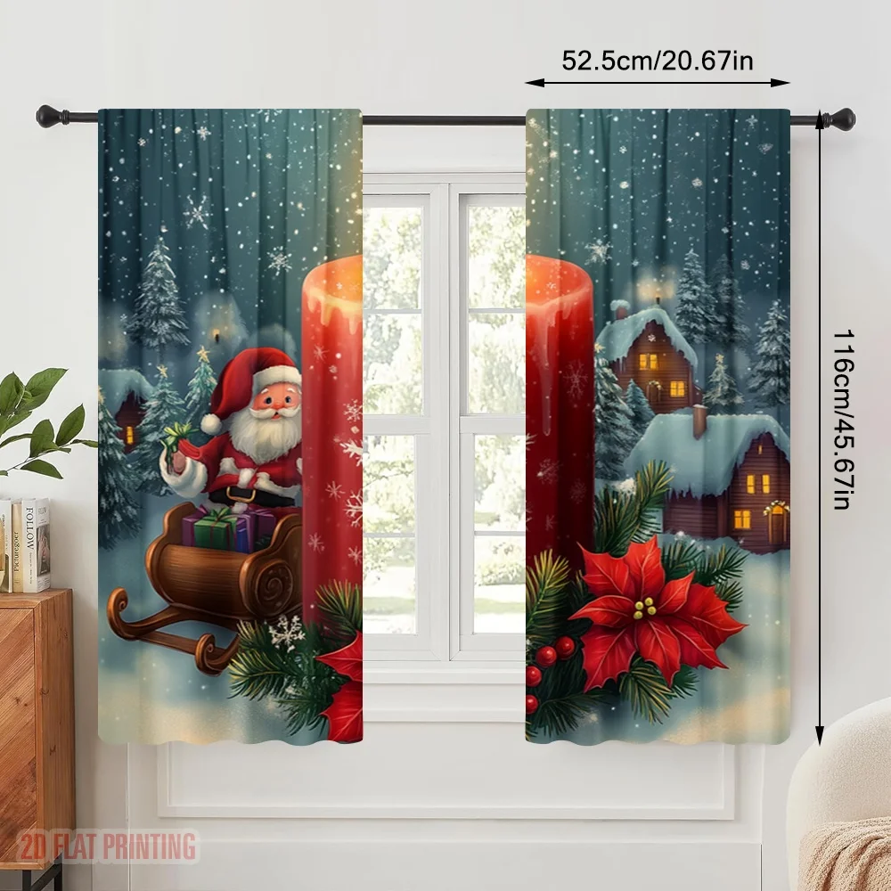 2pcs,2D plane printing Creative Curtains Christmas Candle Winter Village Scene (2) Versatile Fabric (without rod) Decorations