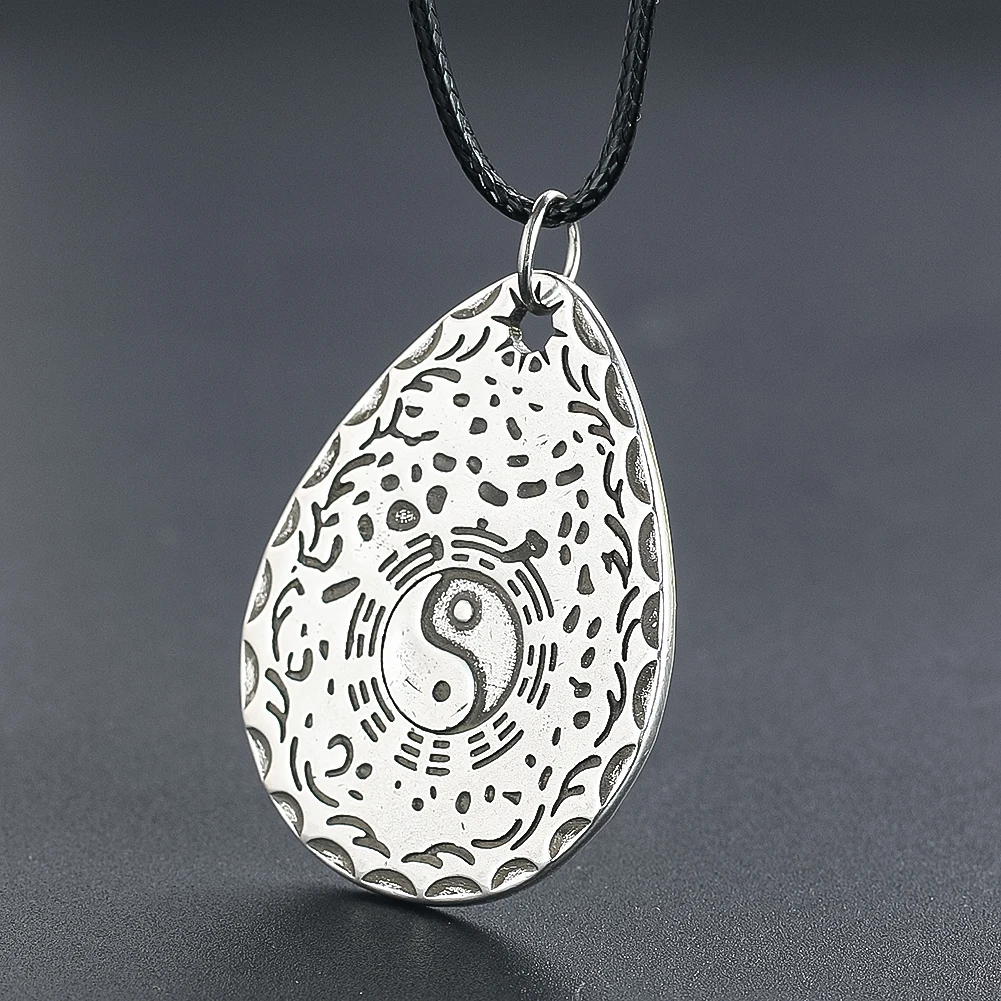 Retro Brass Embossed Chinese Taoism Yin Yang Tai Chi Trigrams Be Water Drop Copper Pendant Necklace Mascot Amulet