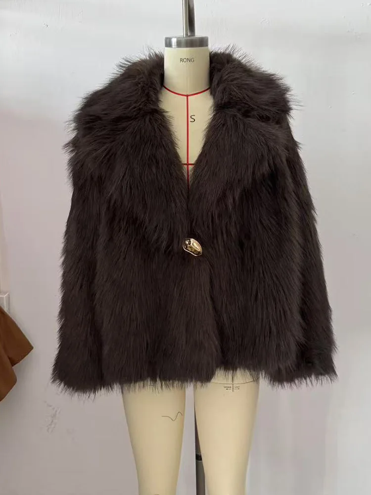 HH Moda Donna Cappotto caldo Maniche lunghe Risvolto Un bottone Sciolto effetto pelliccia sintetica Giacca invernale Cappotto da strada solido femminile casual