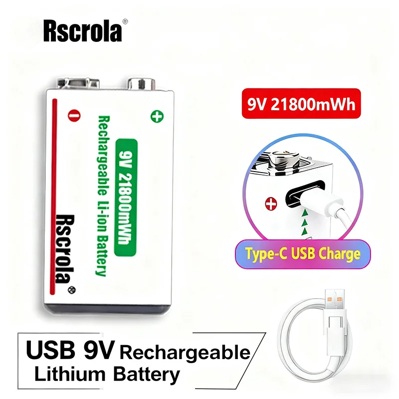 

USB 9V Rechargeable Li-ion Battery 21800mWh (Type-C): For Mic, Multimeter, Electric Guitar, Toy
