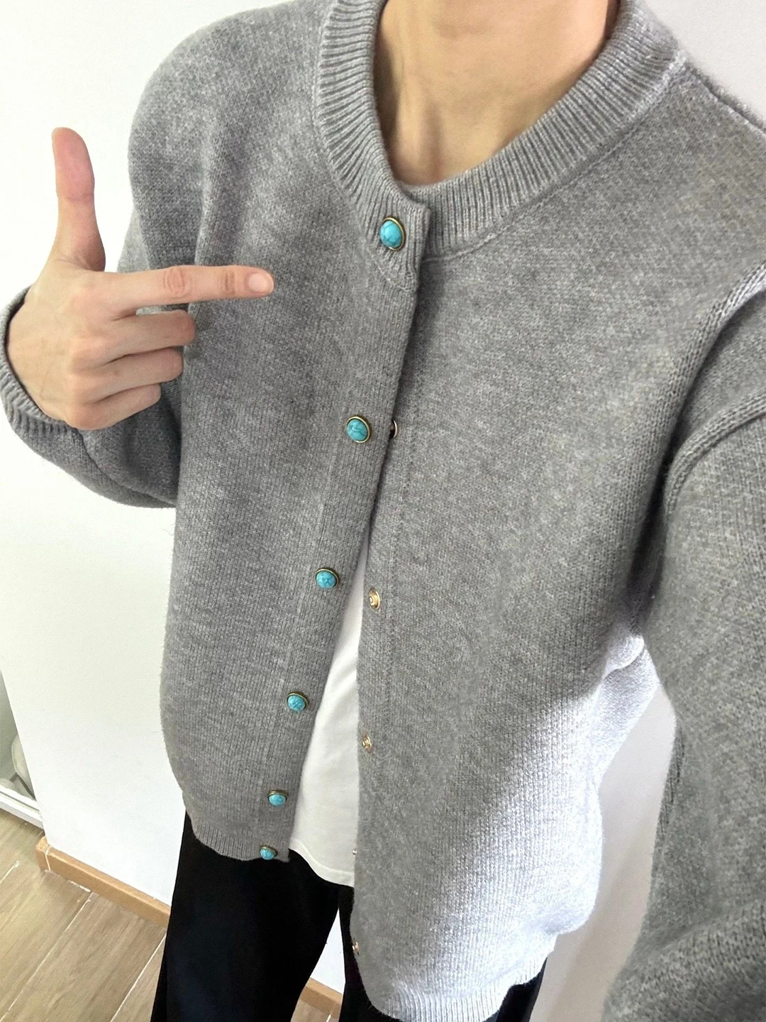 

Мужской кардиган-свитер бирюзово-серого цвета с круглым вырезом, вязаный, свободного кроя, в стиле преппи, верхняя одежда в американском стиле, из полиэфирного волокна