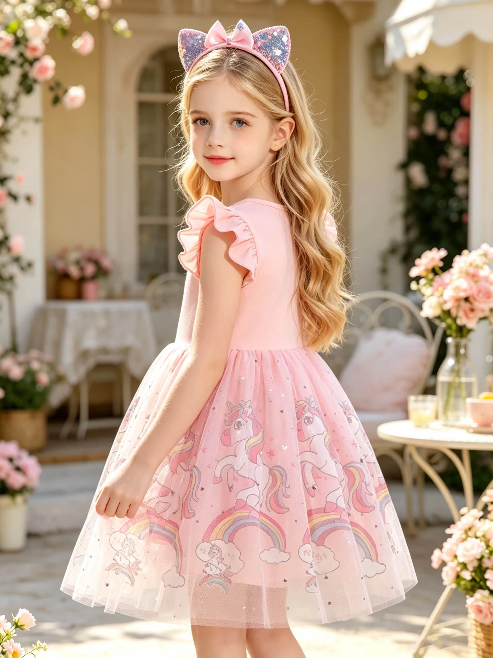 Pink Unicorn Flutter Sleeve Dress for Girls with Double Braids, Sparkly Star Tulle Puffy Princess Dress