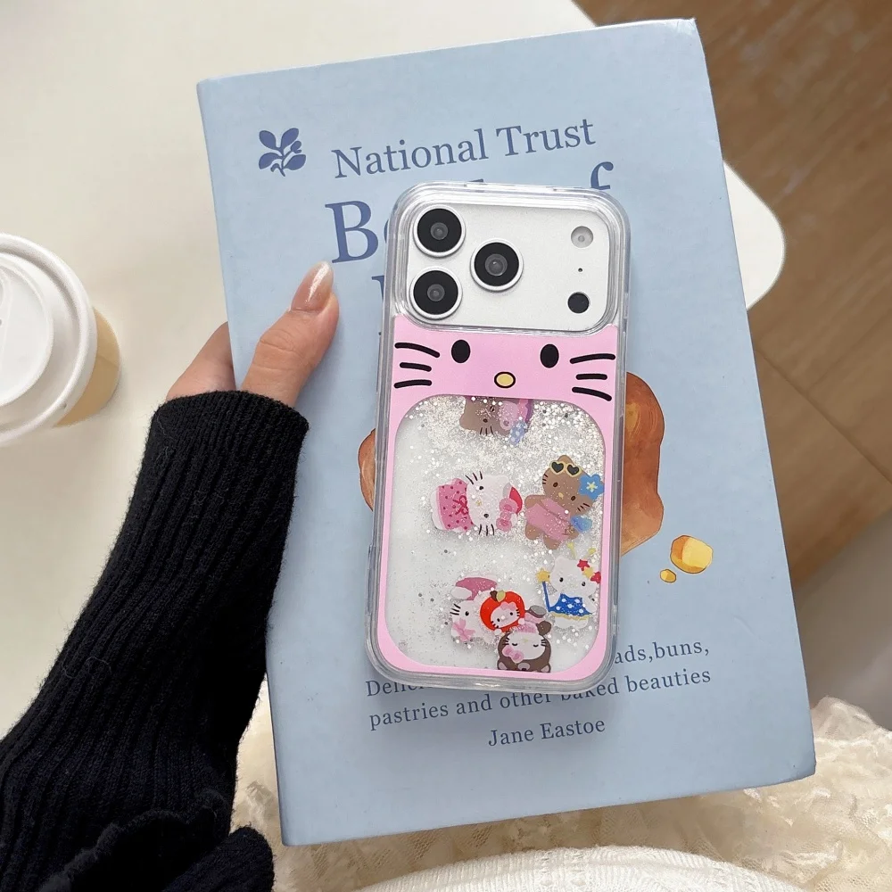 Sliding Block Pink Glitter Hello Kitty Phone Case for iPhone 17 Pro Max 15 16 13 14 Pro Max Protection Cover Cute Cartoon Funda