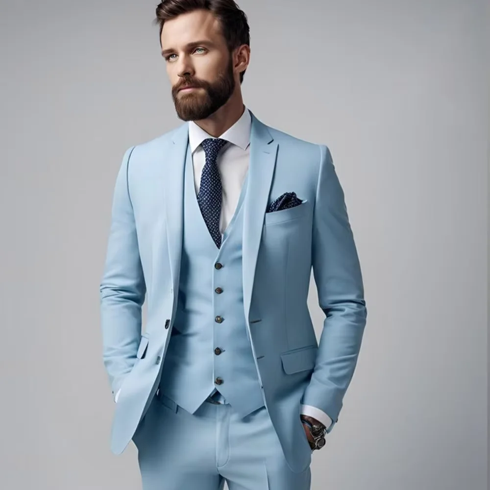 

Customized Blue Men's Suits 3 Piece Jacket Pants Vest Full Sets Elegant Single Breasted Notch Lapel Wedding Outfits Terno