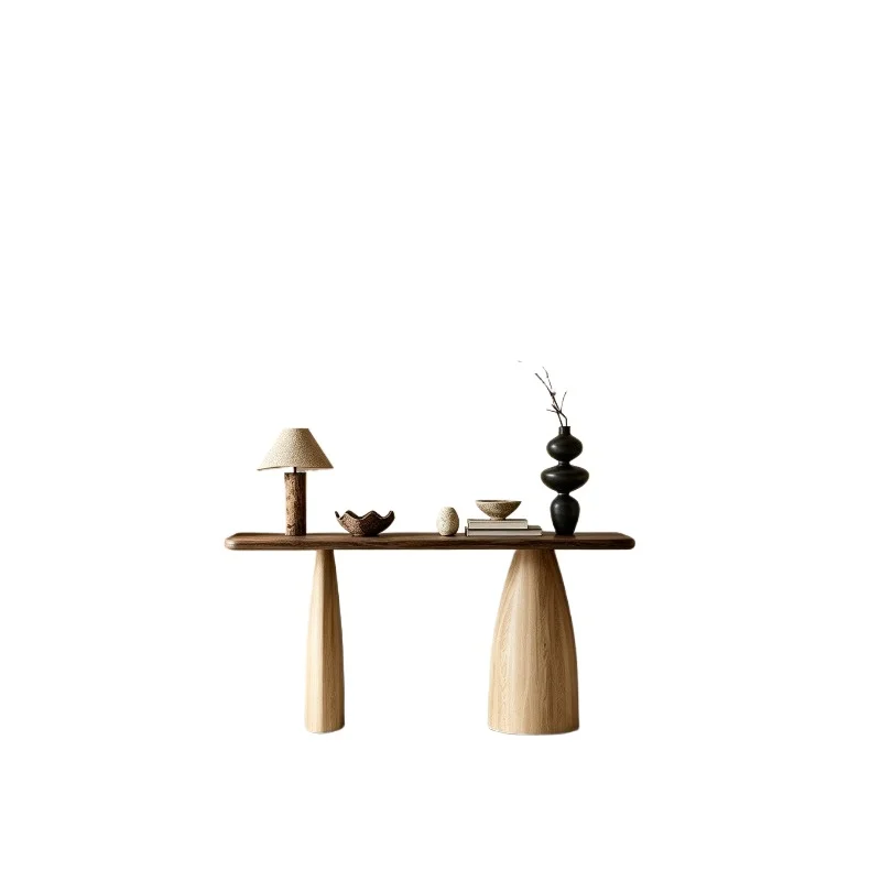 Minimalist style pine wood entryway corridor long narrow-edge table, placed against the wall