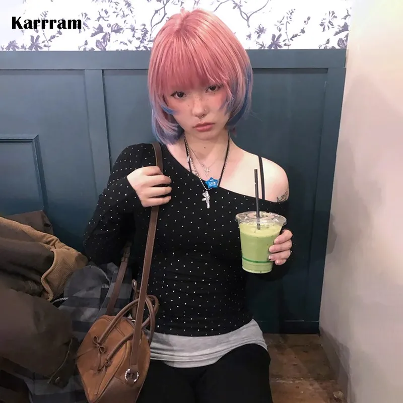 Karrram Japanese Y2k Off Shoulder Tops Vintage 2000s Style Slash Neck Crop Top Harajuku Polka Dots Long Sleeve T-shirt Korean