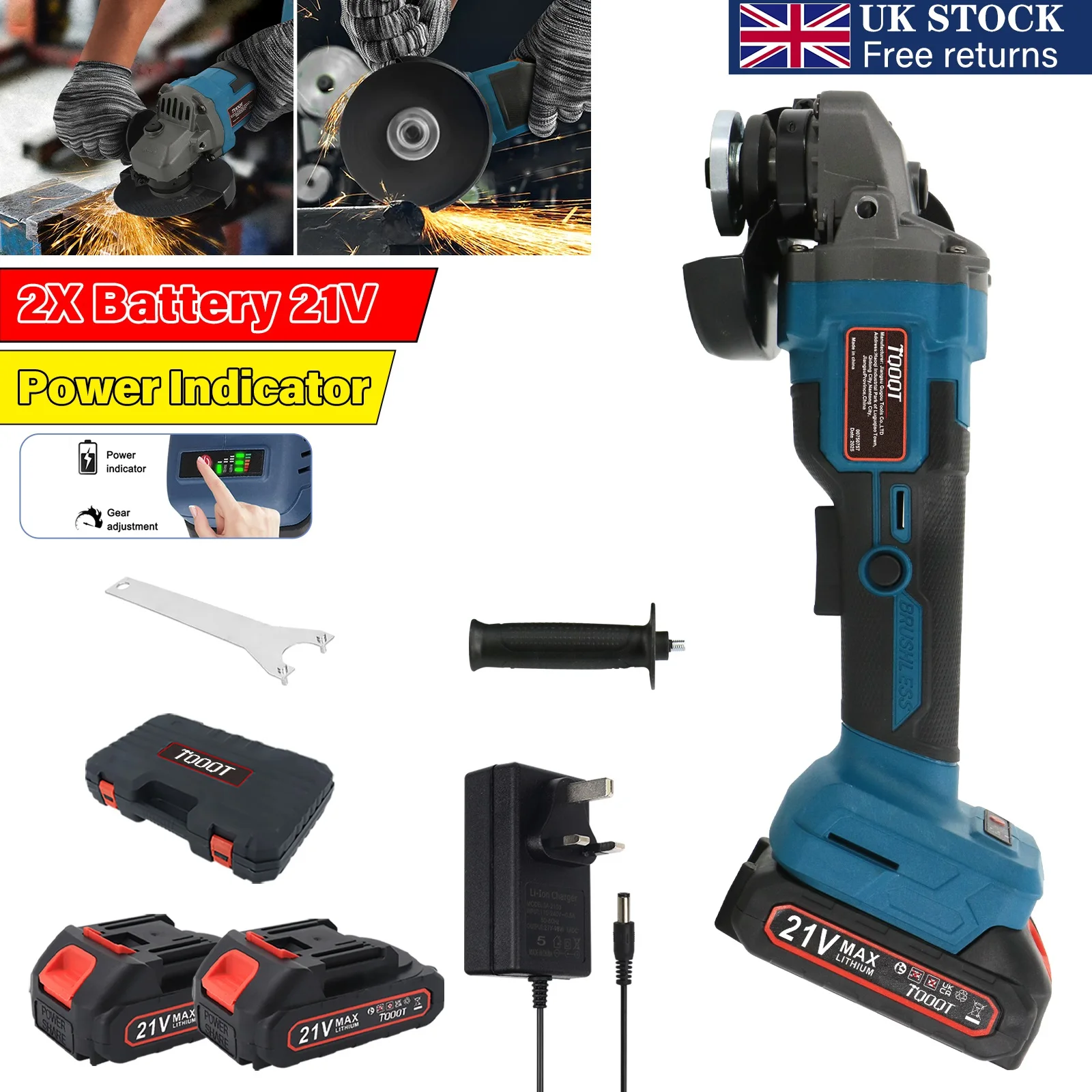21V 125mm Brushless Cordless Angle Grinder Cutter w/2 Batteries & Storage Box UK