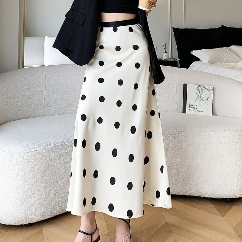 

QOERLIN Polka Dot Elastic Waist Long Skirts Women Summer A-Line High Waist Black Skirt Elegant Casual Long Skirt Saias Mujer