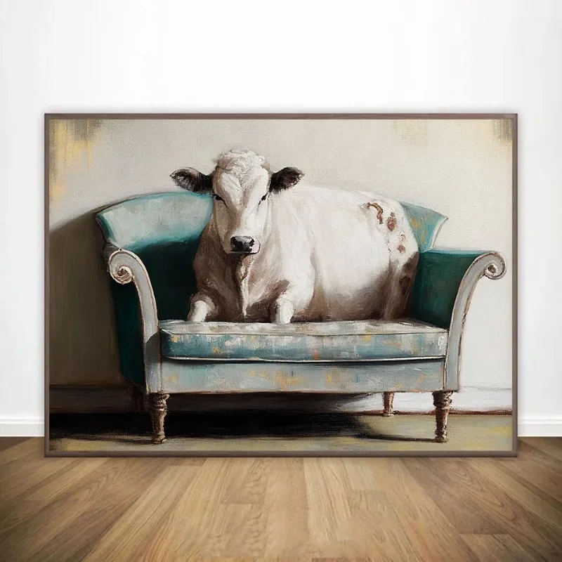 Multiple sizes 1pc frameless Canvas Painting,1pc frameless Canvas Painting Vintage Cow Canvas Painting Print Neutral Country Cow