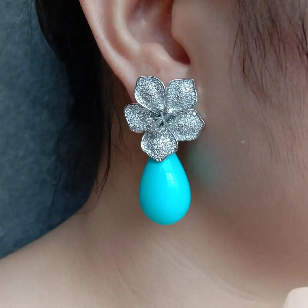YYGEM 16x27mm Blue Sea Shell Teardrop Cz Pave Flower Stud Gold Plated Stones Earrings Party Elegant Jewelry Dropshipping view 3