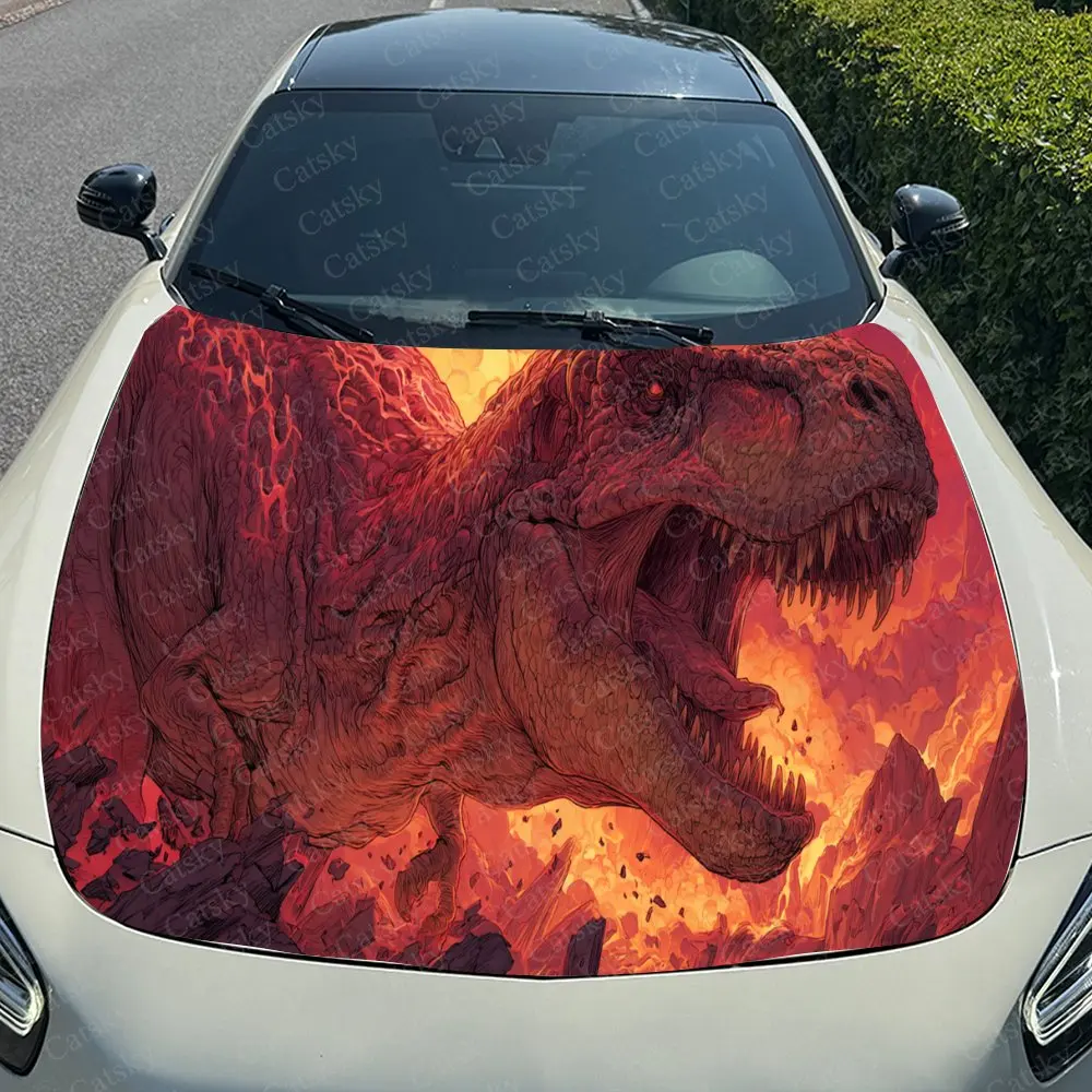 Flaming Dinosaur Auto Cover Sticker, Waterdichte en zelfklevende Auto Hood Decal, Auto Vinyl Wraps, Cool Car Exterior Decal, Ho