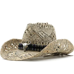 Straw Hats Panama Western Cowboy Straw Women Men Summer Hat Jazz Caps Beach Windproof Rope Cap Out Shading Wide Brim Hat