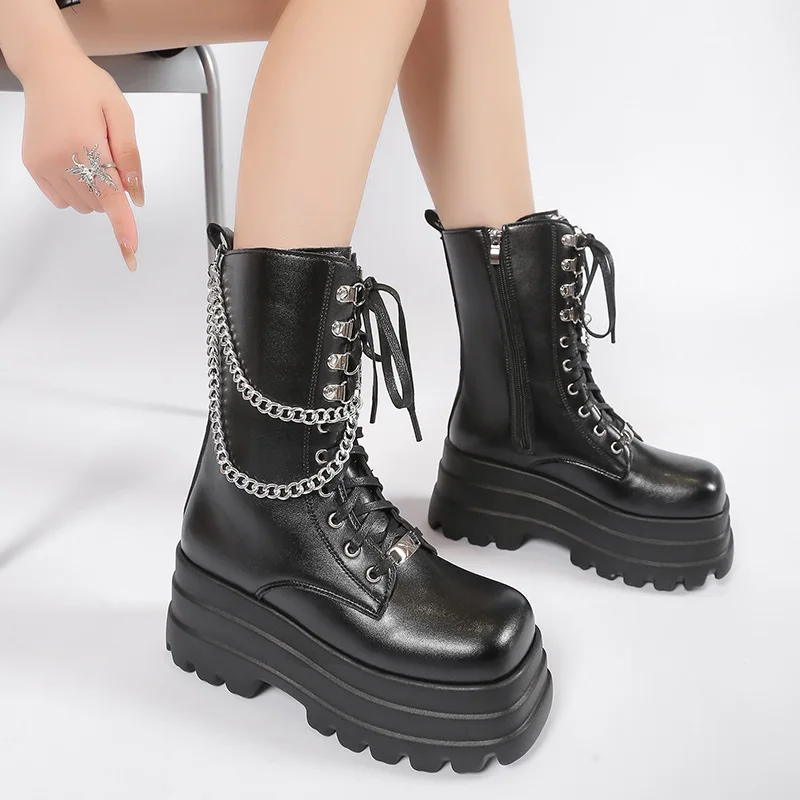 Punk Gothic Women Boots 2024 Autumn Winter Platform Heightened Lace Up Short Boots Black Chunky Heel Knight Botas Goth Shoes