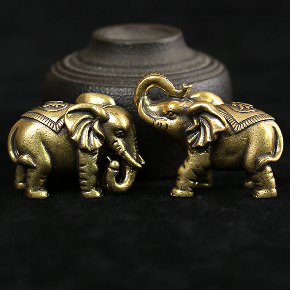 

2Pcs Small Brass Elephant Statue Vintage Design Desktop Decor Fortune Luck Ornament for Home Office Brass Elephant Figurine