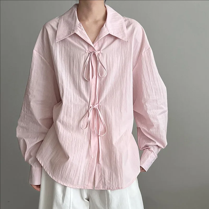 

Autumn new casual solid loose long sleeve lace up shirt women clothing