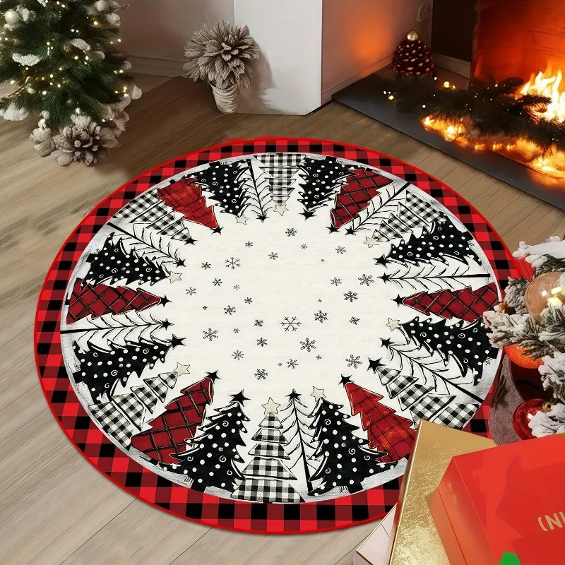 Plaid Christmas Trees Round Rug 80x80cm Buffalo Check Mat for Study