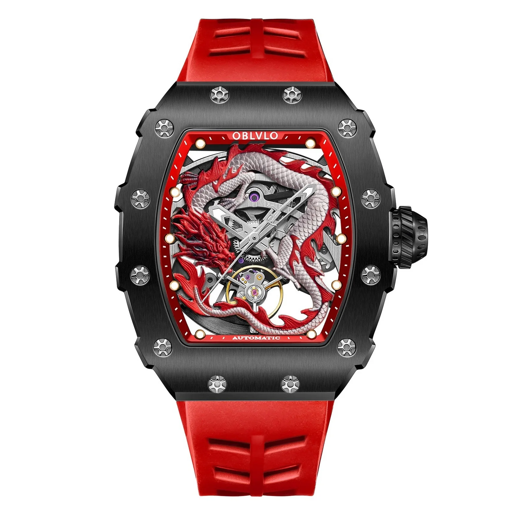 OBLVLO ساعة أوتوماتيكية للرجال 50 مللي متر Tonneau ساعة يد ميكانيكية مضيئة الهيكل العظمي التنين الهاتفي الياقوت مرآة