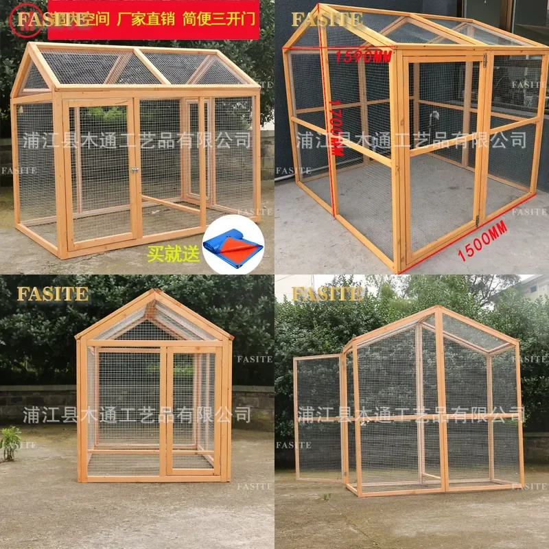 For Wooden Chicken Coop Pigeon Cage Rabbit House with Sun Shelter and Mesh Guardrail Durable Outdoor Pet Poultry Nesting Box