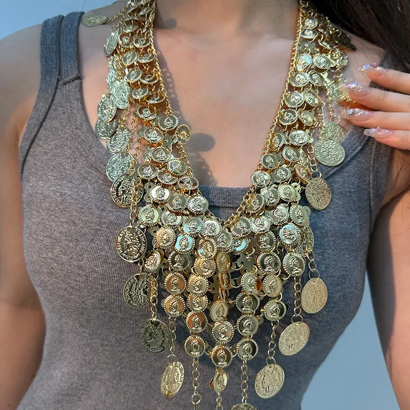 Punk exaggerated retro metal coin pendant necklace Fashion sexy exotic multi-layer fringe necklace waist chain women