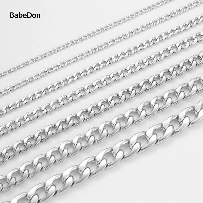 BabeDon Punk Size 2-7mm Mens Curb Cuban Link Chain Stainless Steel Necklace Women Silver Color Male Jewelry Gifts For Hiphop Boy