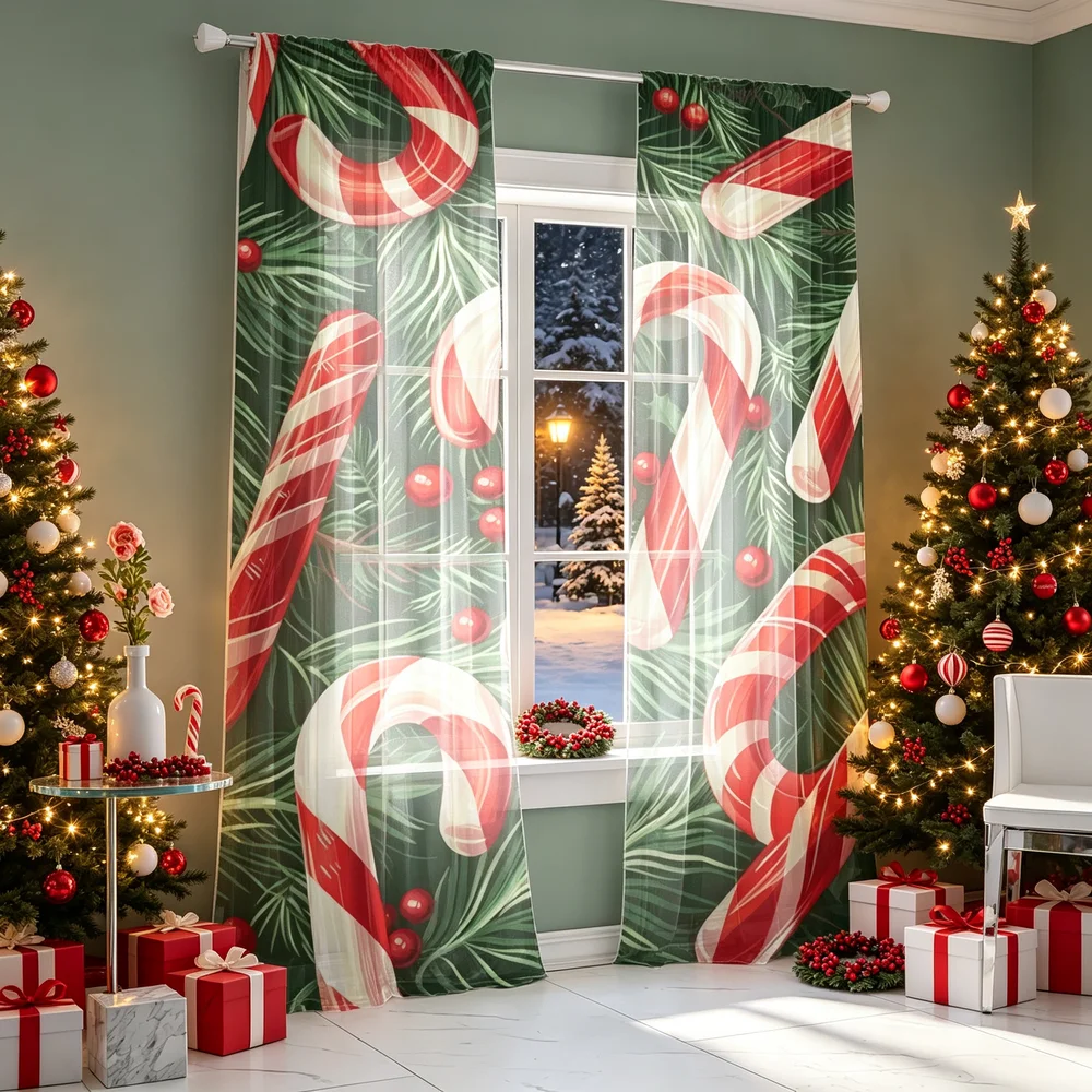 2PCS Christmas Curtains, Candy Canes Pine Branches Print, Bedroom Living Room Window Drapes, Rod Pocket Polyester, Home Decor