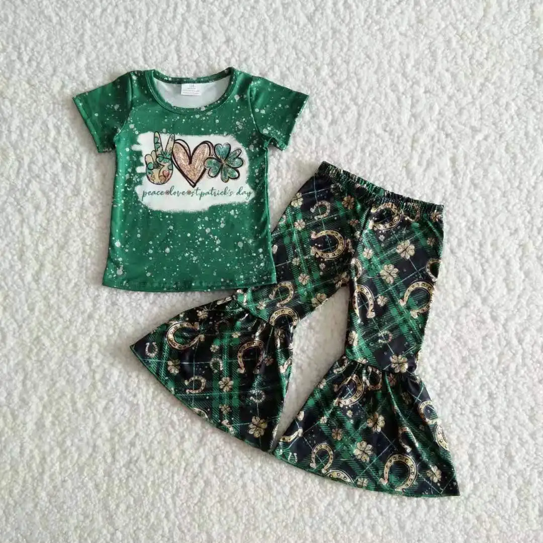 

RTS Toddlers Baby Girls Green New Design Love Four Leaf Clovers Cotton Sleeve Short Shirt Streaked With Dark Green Bell Bottom