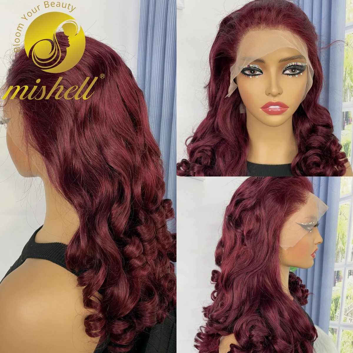 

300% Density Burgundy 99J Bouncy Curly Human Hair Wigs 24inch 13x4 Transparent Loose Wave Lace Wig for Women Preplucked Remy