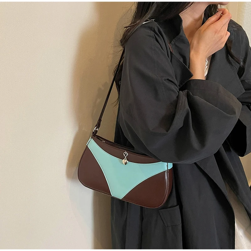 Umhängetasche, Handtasche in V-Form, kreative, modische Vintage-Handtasche für Damen, ideal für den täglichen Gebrauch und den Weg zur Arbeit, mit Farbblock-Design. – Detail 12