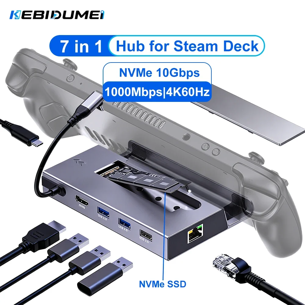 KEBIDUMEI 7 in 1 USB C Docking Station for Steam Deck NVMe SSD Enclosure Type C to 4K60Hz HDMI 100W PD Gigabit Ethernet Adapter