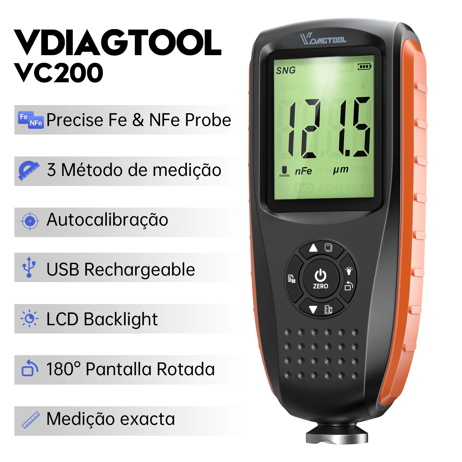 2023 vdiagtool vc200 medidor de espesor de recubrimiento fe / NFE mide el grosor de pintura del automóvil retroiluminado medidor de espesor