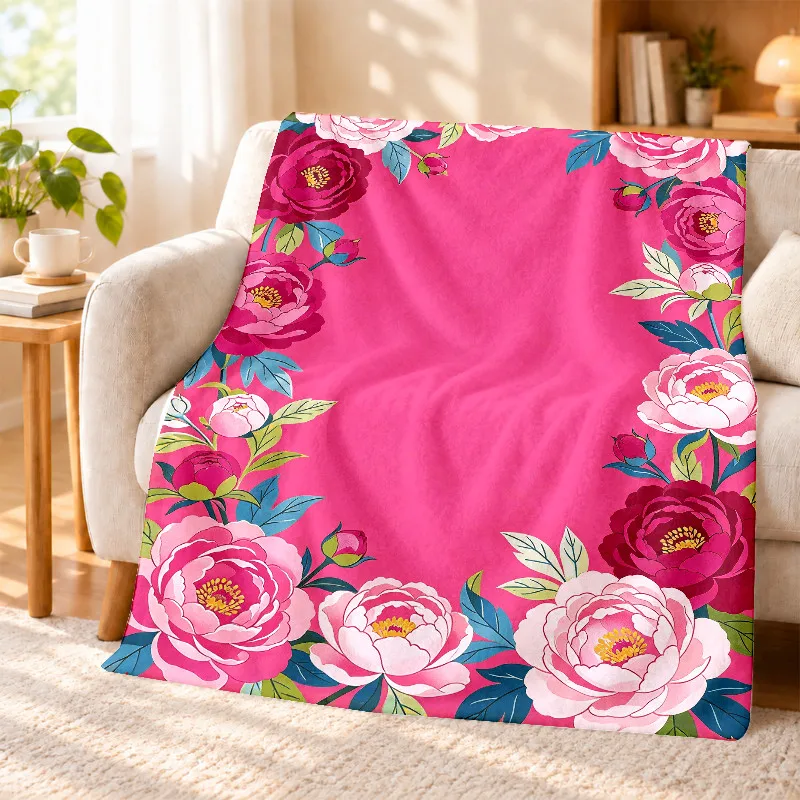 Vivid Peony Throw Blanket Bright Pink Background Flower Leaf Frame Soft Flannel for Window Sofa Lap Home Decor Gift