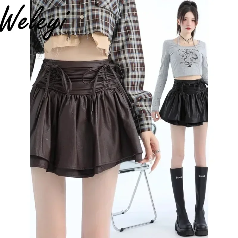 Hot Girl Elastic Waist Pleated Strap-up Bow PU Leather Skirt 2024 Autumn New Women's High Waist A-line Ruffle Edge Short Skirts