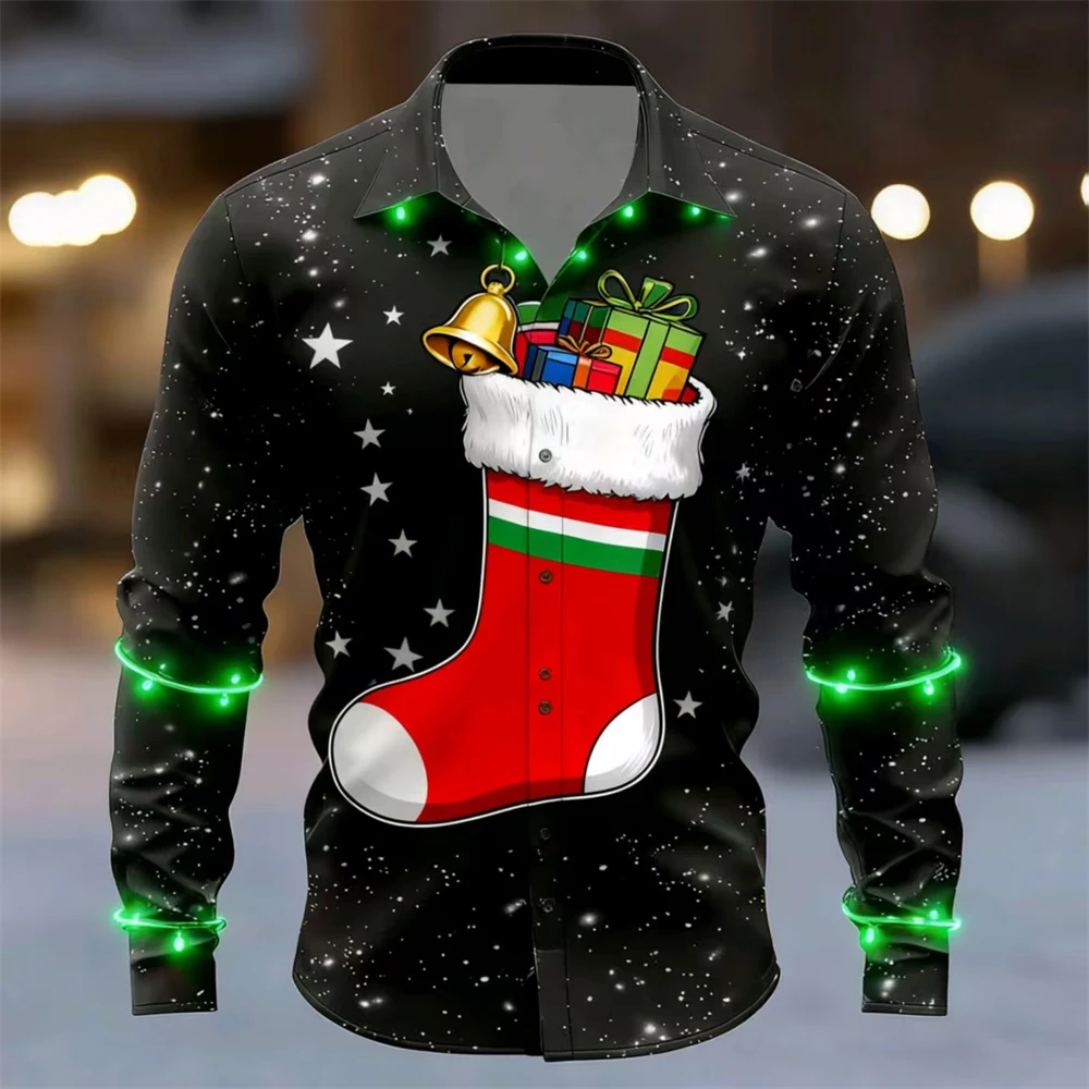 

3D Printed Men's Long-Sleeved Shirt, Christmas Stocking Gift; Autumn Casual Loose Collared Top; Stylish New Year's Gift Shirt