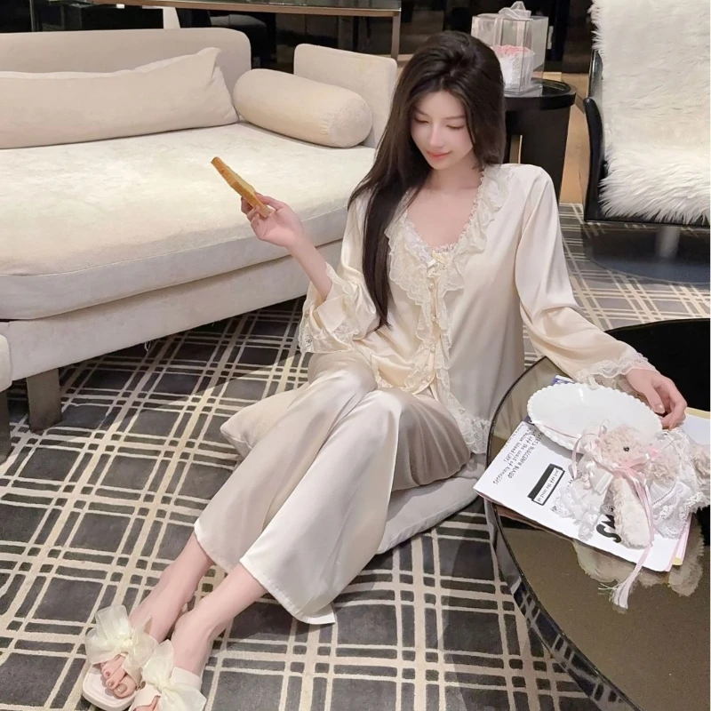 2026 Spring/Summer New Hot Selling Thin Solid Color Sweet Princess Style Long Sleeve Home Clothes Two Piece Set
