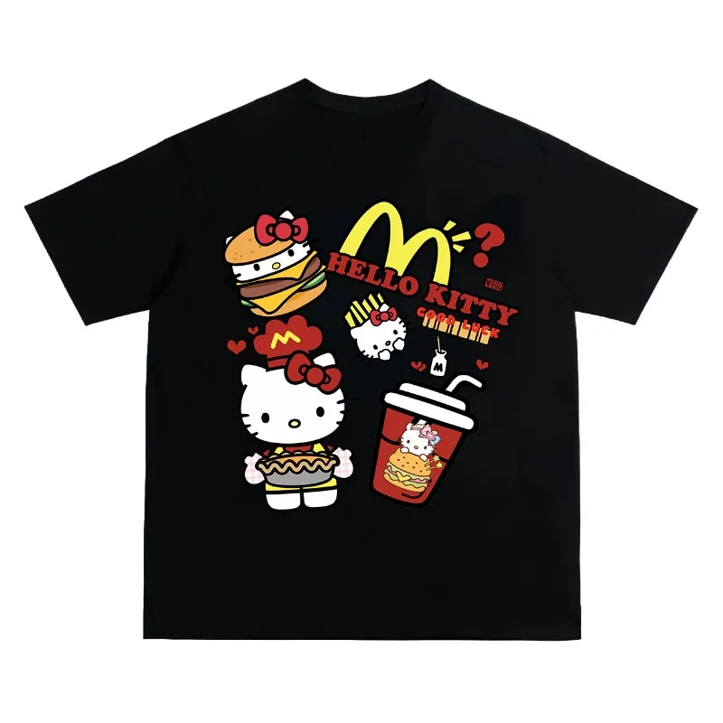 Hello Kitty Cat Mammon Printing Short-sleeved T-shirt Female Summer New Loose Casual Couple Retro Harajuku Half-sleeved