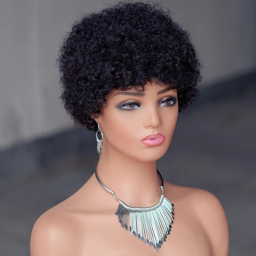 Pelucas de cabello humano brasileño ondulado Afro corto, peluca rizada Afro Puff para mujeres, peluca completa a máquina de Color negro, marrón y rojo