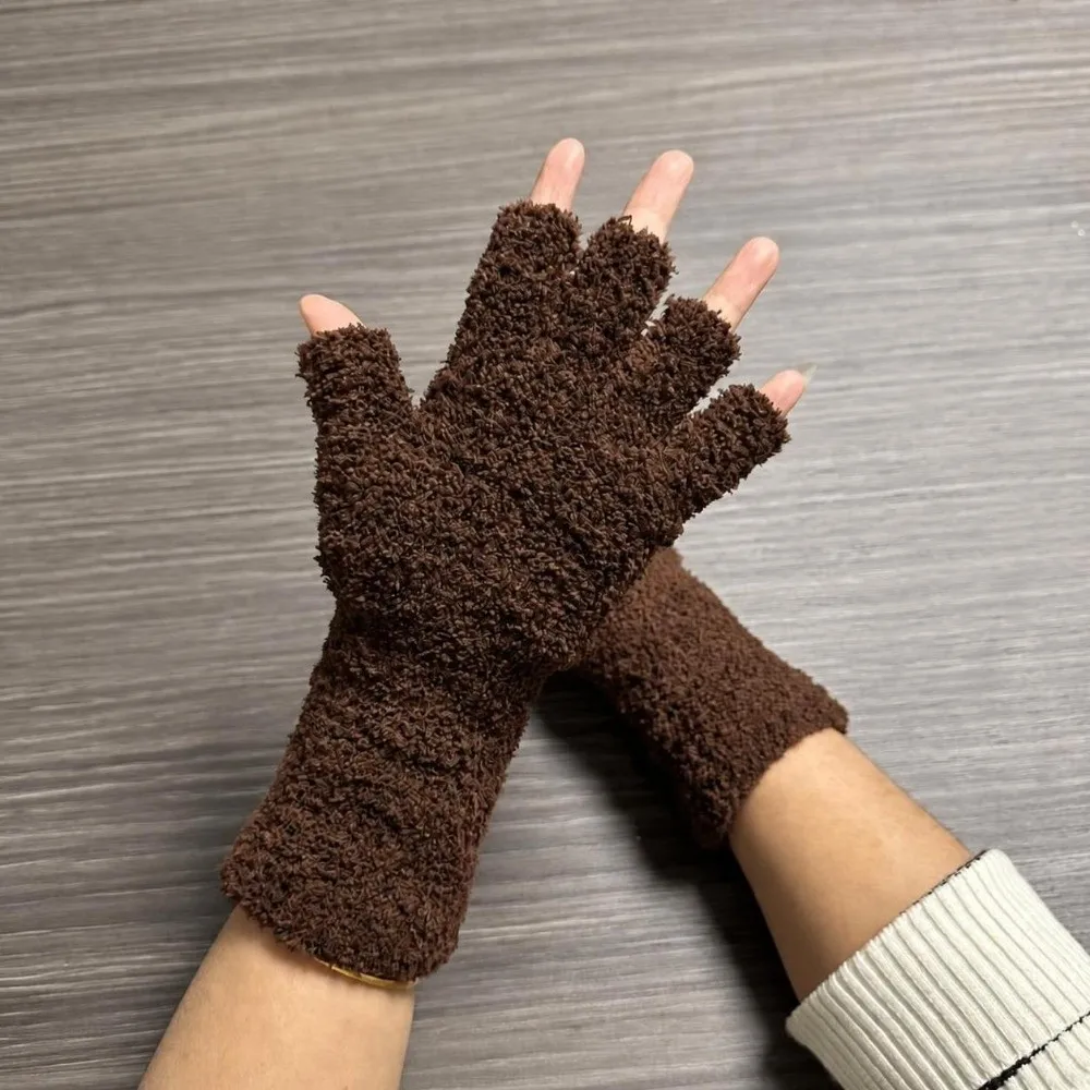 Cozy Solid Color Half Finger Gloves Coral Fleece Thicken Knitted Gloves Touchscreen Elastic Cuff Warm Gloves Driving
