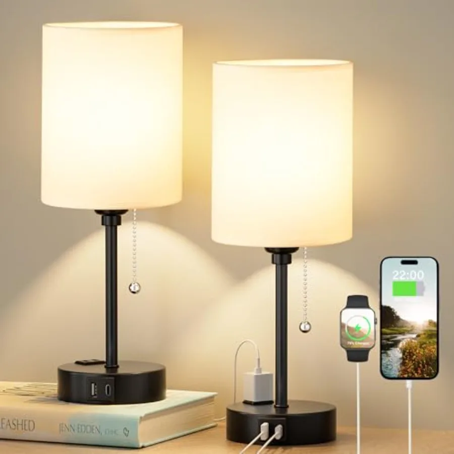 

Bedside Table lamp for Bedroom Set of 2 - 3 Color Temperatures Small Lamps with USB C and A Ports Pull Chain Table Lamps with A