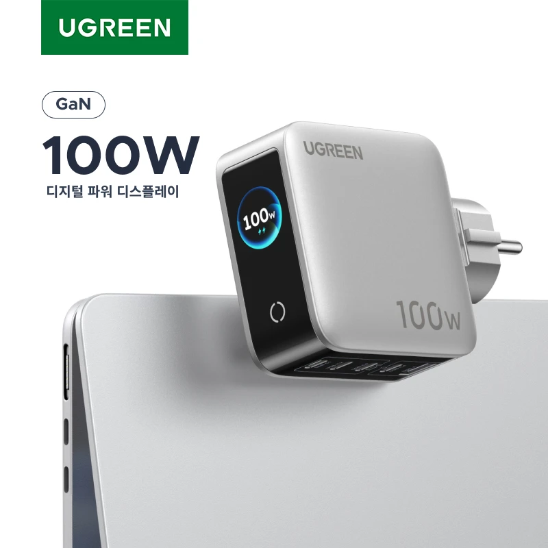 

【Сертифицированная KC корейская вилка】Зарядное устройство UGREEN 100W GaN с интеллектуальным дисплеем для ноутбуков Macbook Pro, Samsung S26, S25, iPhone 17 Pro, планшетов