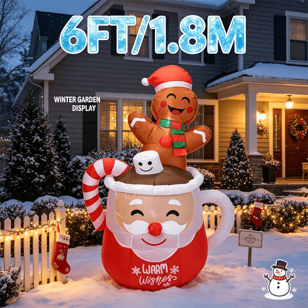 6FT Christmas Inflatable Toy LED Light Santa Hot Cocoa Mug with Gingerbread Man Yard Outdoor Lawn Xmas Holiday Party Decoration