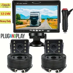 7inch Monitor 2x Backup Camera 12-24V 18LED IR Rear/Front/Left/Right View Truck Camera HD Display Full Set Parking Reverse Syste