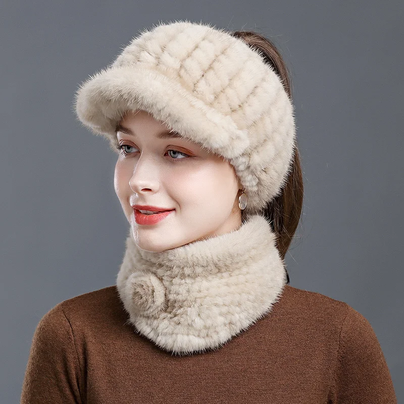 

Fur Hat Women Winter Warmth Real Mink Fur Hat Fashion Empty Top Duck Tongue Hat Natural Mink Fur Hat Hand Knitted Russians Hat